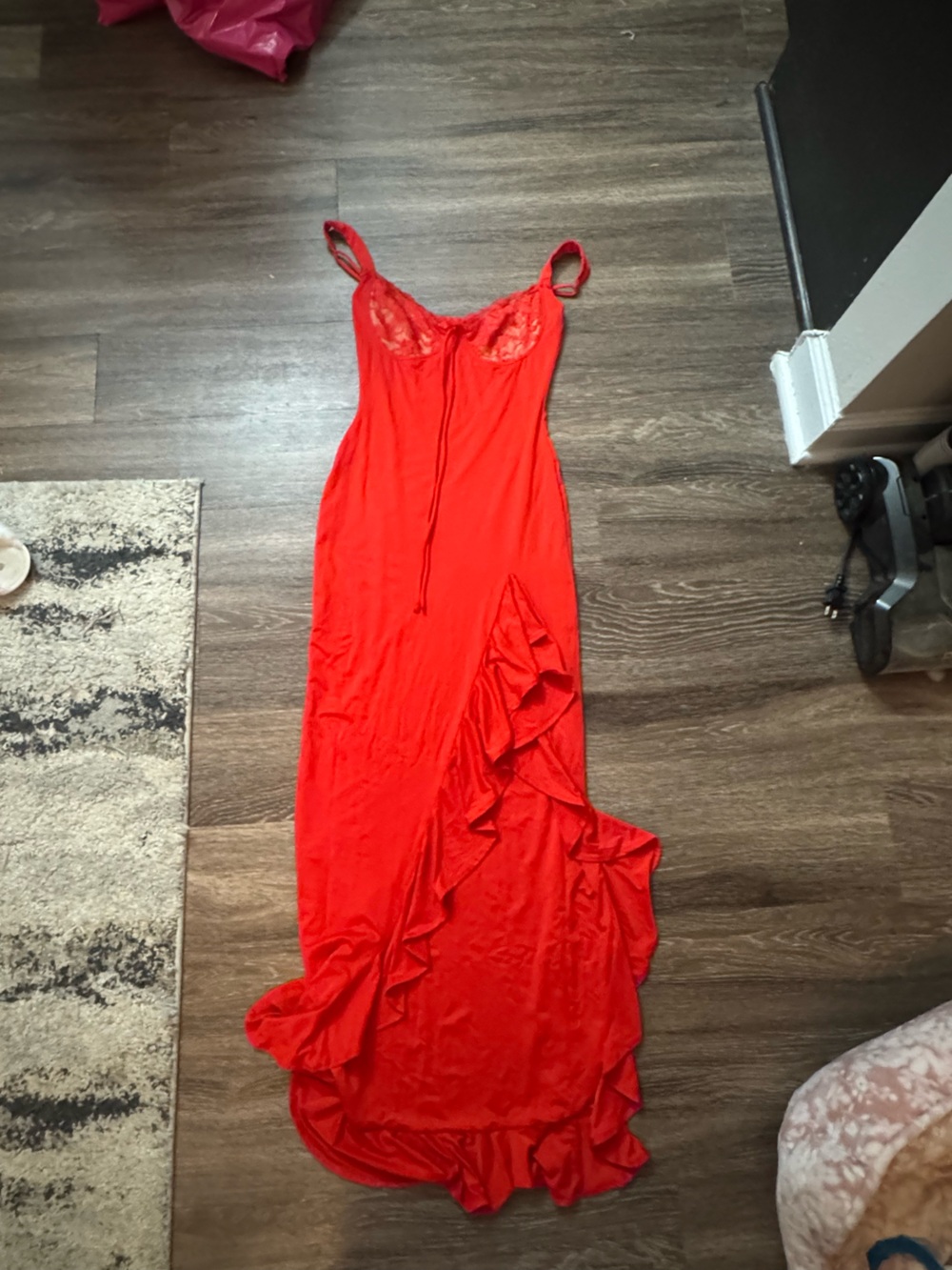 Red Ruffled Maxi Slip Dress with Lace Bodice